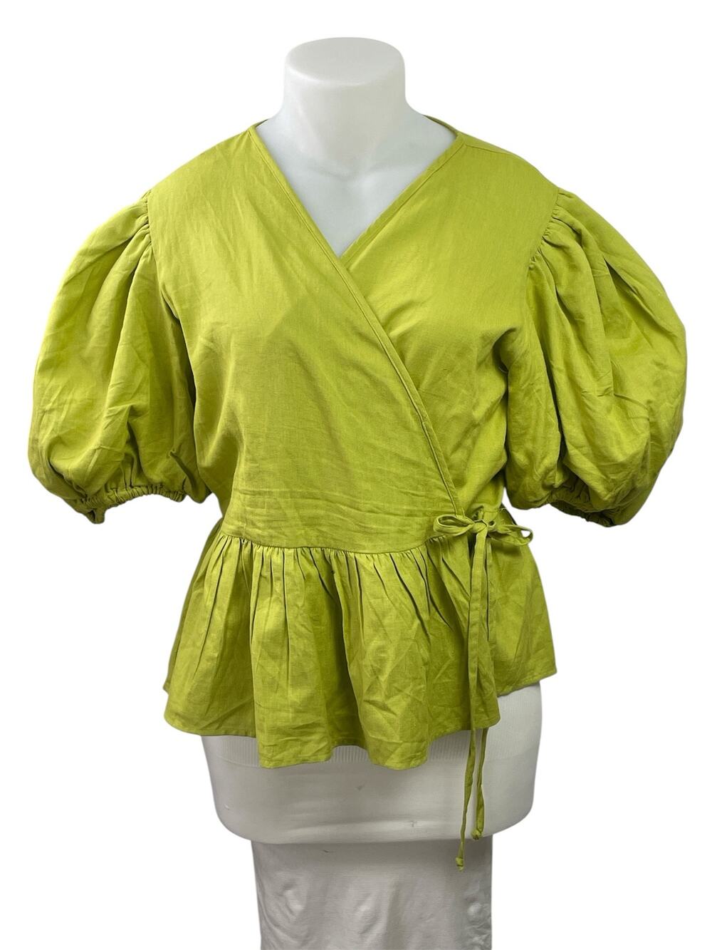 Boohoo Women's Green Short Balloon Sleeve V Neck Peplum Wrap Blouse Top Size 16
